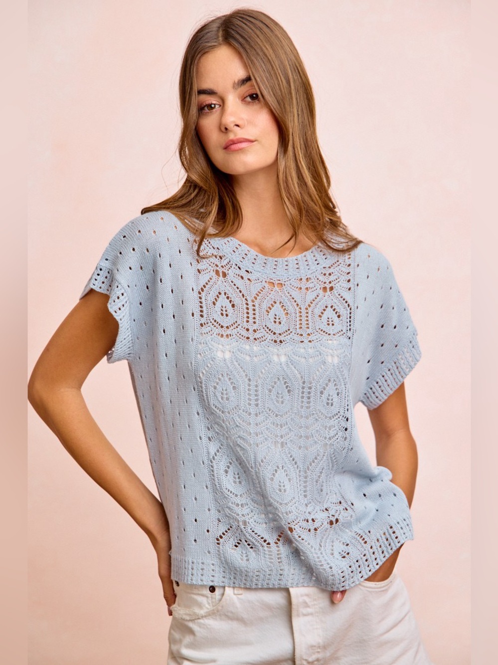 BiBi Washed Eyelet Short Sleeve Breathable Knit Top